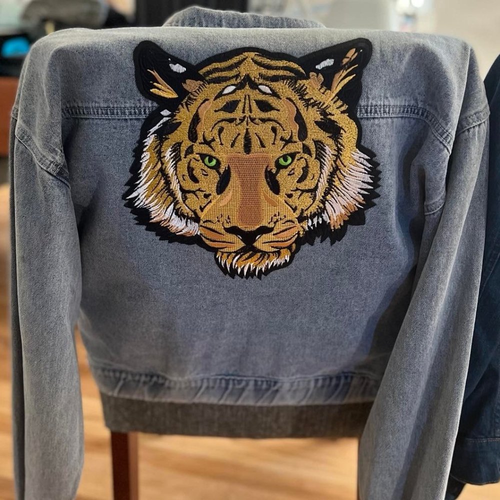 T-Swift Tiger! Kendall + Kylie Drawstring Jean Jacket w/ Tiger Embroidery